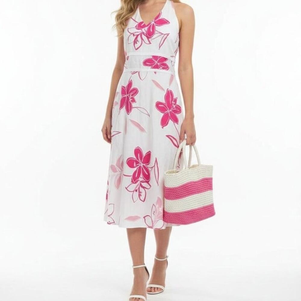 Ann Taylor Petite Dress Linen Silk Halter Floral Derby Resort Coastal - Size 12P